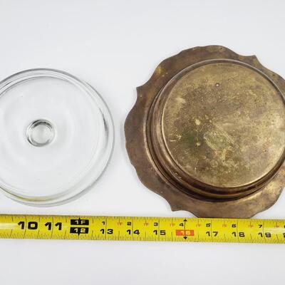 ANTIQUE BRASS ASHTRAY W/ GLASS INSERT