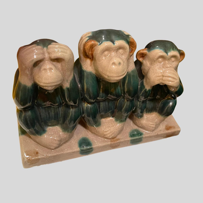 1930s Vintage Green Majolica Hear, Speak, See No Evil Monkey Statue - Signed