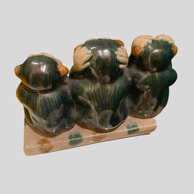 1930s Vintage Green Majolica Hear, Speak, See No Evil Monkey Statue - Signed