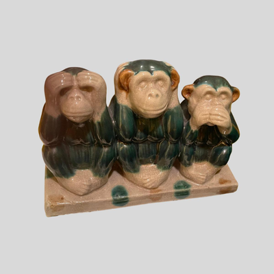 1930s Vintage Green Majolica Hear, Speak, See No Evil Monkey Statue - Signed