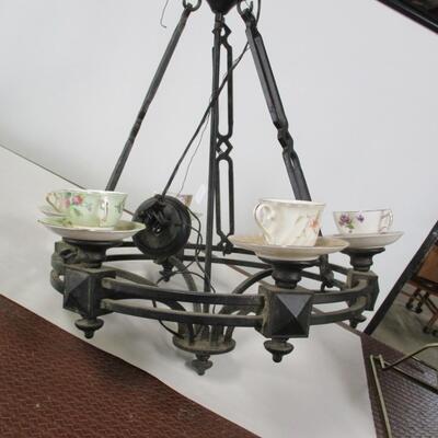 Wrought Metal Chandelier with Teacup and Saucer Lights