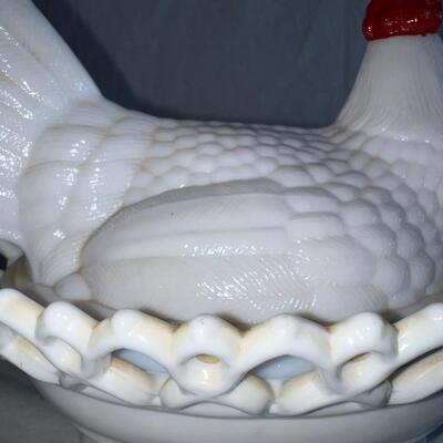 White Milk Glass Chicken Hen Lidded Dish