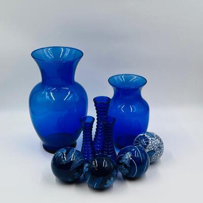 Assortment Of Cobalt Blue Vases ~ & Orb Vase Fillers