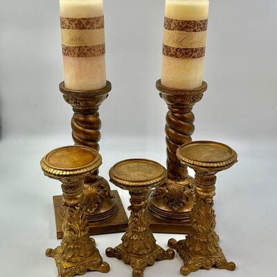 Set Of Five (5) Gold Candle Holders