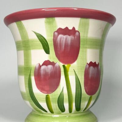 FTD Ceramic Flower Planter Pot Vase Green Gingham & Tulip Flowers