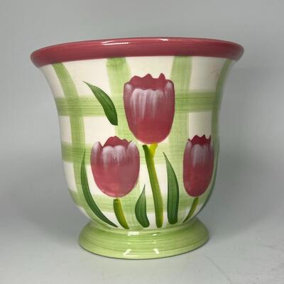 FTD Ceramic Flower Planter Pot Vase Green Gingham & Tulip Flowers