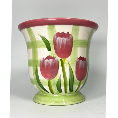 FTD Ceramic Flower Planter Pot Vase Green Gingham & Tulip Flowers