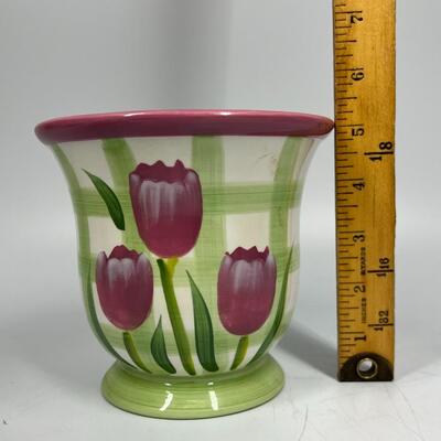 FTD Ceramic Flower Planter Pot Vase Green Gingham & Tulip Flowers