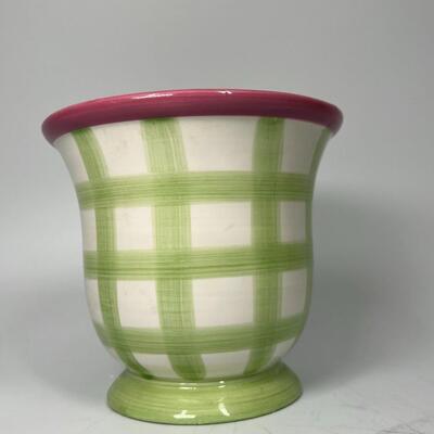 FTD Ceramic Flower Planter Pot Vase Green Gingham & Tulip Flowers
