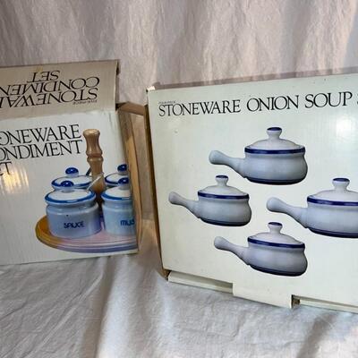 2 Stoneware Condiment and Onion Soup Set New In Boxes