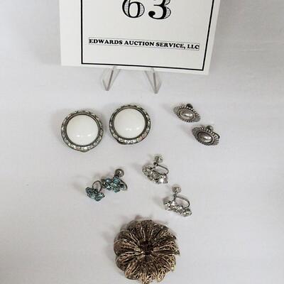 Vintage Jewelry Lot, Rhinestone Clip and Earrings and Metal Earrings