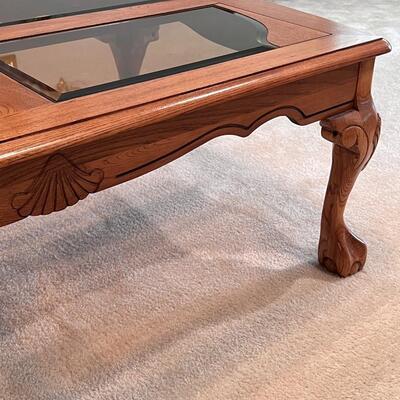 Oak Clawfoot Coffee Table With Smoked Glass Panels