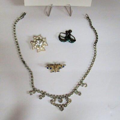 Vintage Rhinestone Lot, Necklace, Green Earrings, CORO Pin, Butterlfy Pin