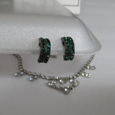 Vintage Rhinestone Lot, Necklace, Green Earrings, CORO Pin, Butterlfy Pin