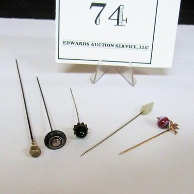 Lot of Antique Short Hat Pins and One Lapel Pin, Sterling, Brass, Glass, Plastic