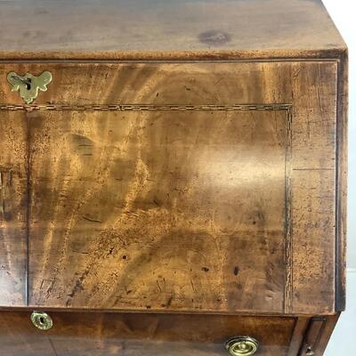 815  Antique Slant Front 3-Drawer Flamed Mahogany Inlay Desk