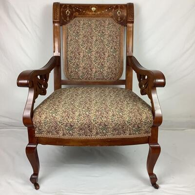 818  Victorian Upholstered Arm Chair w/Mother of Pearl Inlay