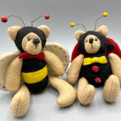 Pair of Small Felt Cloth Bears Dressed as a Honeybee & a Ladybug