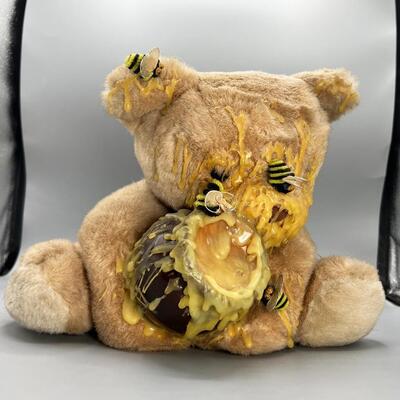 Handmade Crafted Messy Bear Holding Pot of Honey with Bees