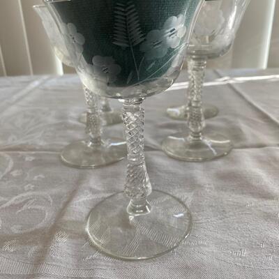 Set of 4 Vintage crystal etched wine glasses.