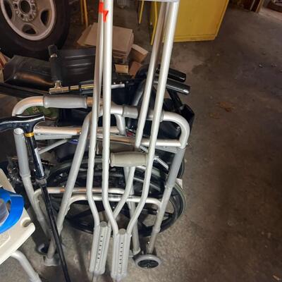 Handicap Medical Equipment Lot: Wheelchair, Elite Walker, Shower Chair, Scale, Crutches, Cane