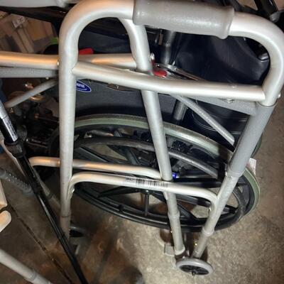Handicap Medical Equipment Lot: Wheelchair, Elite Walker, Shower Chair, Scale, Crutches, Cane