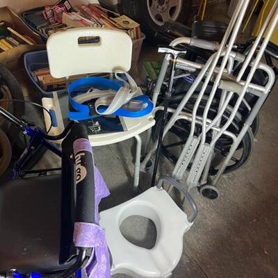 Handicap Medical Equipment Lot: Wheelchair, Elite Walker, Shower Chair, Scale, Crutches, Cane