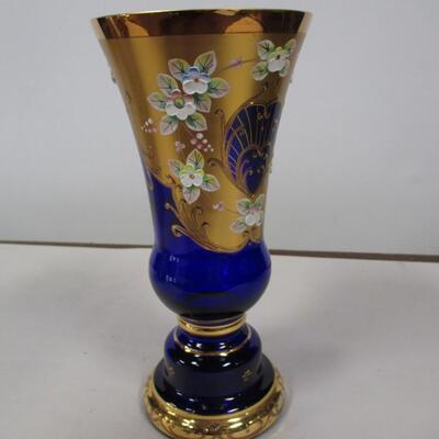 Bohemian Czech Crystal Green Glass Gold Gilted Enamel Flowers Hand Made