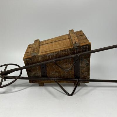 Retro Rustic Miniature Doll Size Wooden & Metal Garden Yard Art Wheelbarrow