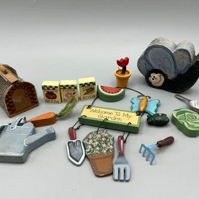Lot of Miscellaneous Miniature Doll Size Wooden Garden Pieces Signs, Tools, Vegetation & More