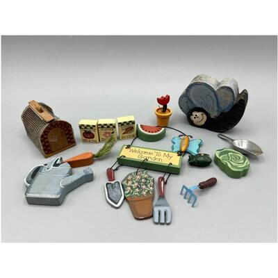 Lot of Miscellaneous Miniature Doll Size Wooden Garden Pieces Signs, Tools, Vegetation & More