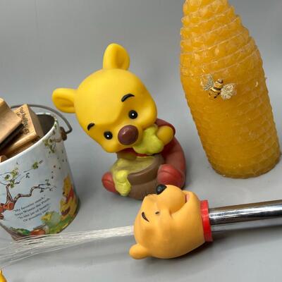 Lot of Miscellaneous Winnie the Pooh Items Plastic Figurine, Tin Bucket, Stamps, & More