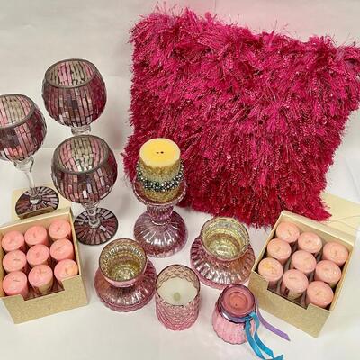 Home Decor Lot - Candles, Pillow, Glass Candleholders Multi Shades of Pink 11+ Pieces