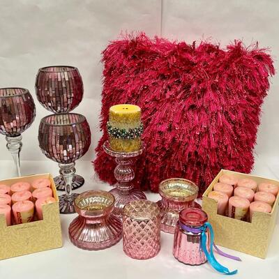 Home Decor Lot - Candles, Pillow, Glass Candleholders Multi Shades of Pink 11+ Pieces