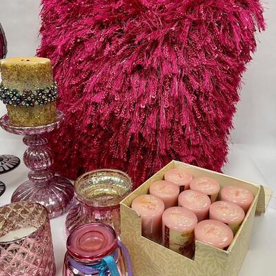 Home Decor Lot - Candles, Pillow, Glass Candleholders Multi Shades of Pink 11+ Pieces
