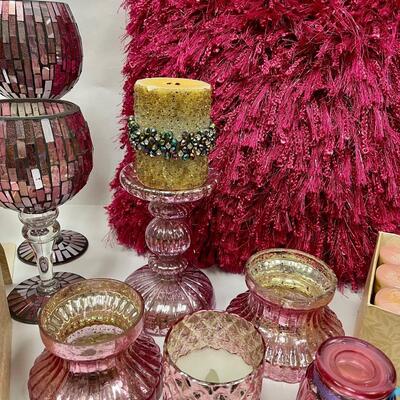 Home Decor Lot - Candles, Pillow, Glass Candleholders Multi Shades of Pink 11+ Pieces