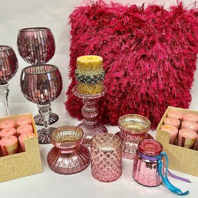 Home Decor Lot - Candles, Pillow, Glass Candleholders Multi Shades of Pink 11+ Pieces