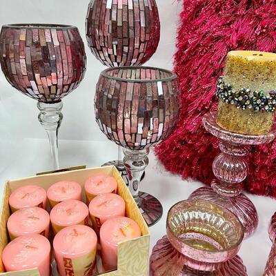 Home Decor Lot - Candles, Pillow, Glass Candleholders Multi Shades of Pink 11+ Pieces