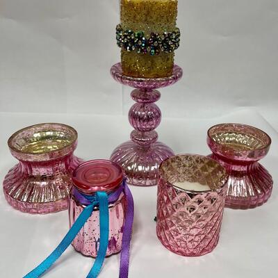 Home Decor Lot - Candles, Pillow, Glass Candleholders Multi Shades of Pink 11+ Pieces