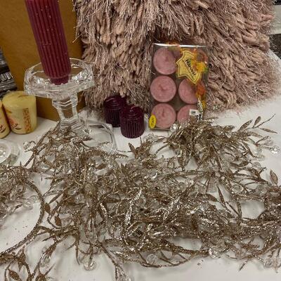 Home Decor Lot Fuzzy Pillows, Candleholders, Bead Trim, Candles, Candlestick Holders & More