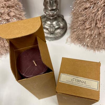 Home Decor Lot Fuzzy Pillows, Candleholders, Bead Trim, Candles, Candlestick Holders & More