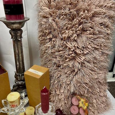 Home Decor Lot Fuzzy Pillows, Candleholders, Bead Trim, Candles, Candlestick Holders & More