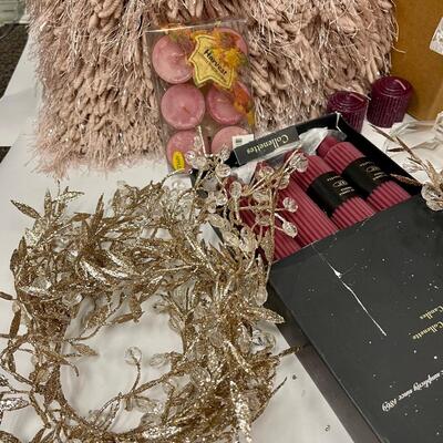 Home Decor Lot Fuzzy Pillows, Candleholders, Bead Trim, Candles, Candlestick Holders & More
