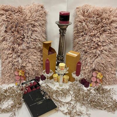Home Decor Lot Fuzzy Pillows, Candleholders, Bead Trim, Candles, Candlestick Holders & More