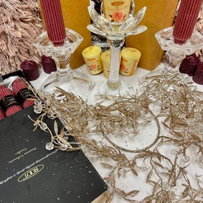 Home Decor Lot Fuzzy Pillows, Candleholders, Bead Trim, Candles, Candlestick Holders & More