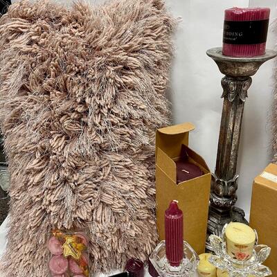 Home Decor Lot Fuzzy Pillows, Candleholders, Bead Trim, Candles, Candlestick Holders & More
