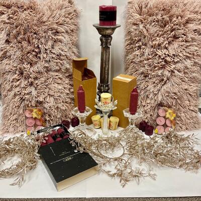 Home Decor Lot Fuzzy Pillows, Candleholders, Bead Trim, Candles, Candlestick Holders & More