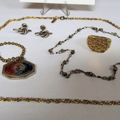 Lot of Mixed Jewelry, Whiting and Davis Gold Tone Chain, Men's 12K GF Ring, New York World's Fair Key Ring, More