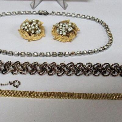 Rhinestone and Faux Pearl Earrings, Rhinestone Choker, 2 Bracelets