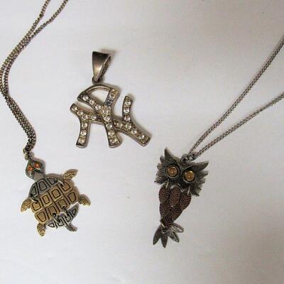 Vintage Rhinestone NY Pendant, Turtle and Owl Necklaces